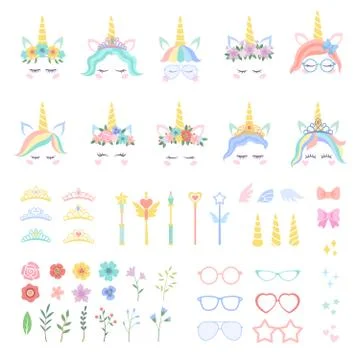 Pony unicorn face elements. Unicorns constructor details, pretty hairstyles Stock Illustration