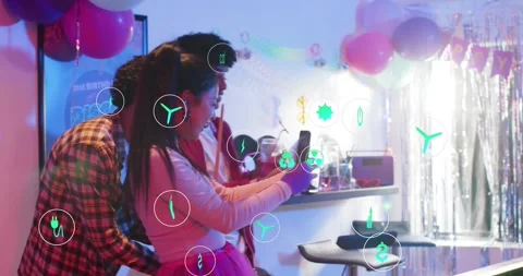 Ponytail guest tapping phone group posing at tinsel AR icons spreading to pool Stock Footage 323454468
