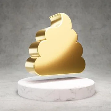 Poo icon. Shiny golden Poo symbol on white marble podium. Stock Illustration