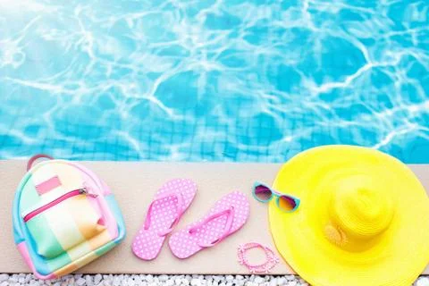 Pool and beach items flat lay. Summer vacation. Stock Photos