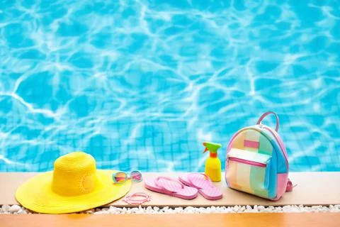 Pool and beach items flat lay. Summer vacation. Stock Photos