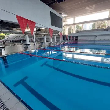 The pool area has been prepared for the swimming competition Stock Photos