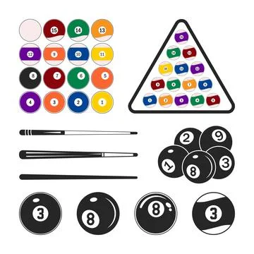 Pool Balls Set 1-15, Billiard 8 ball logo set cue, snooker balls Silhouette, Stock Illustration