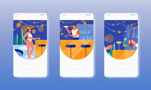 Pool bar. Summer beach vacation. Pool party. Mobile app screens, vector website Stock Illustration