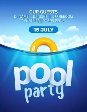 Pool beach summer party invitation banner flyer design. Water and palm Stock Illustration