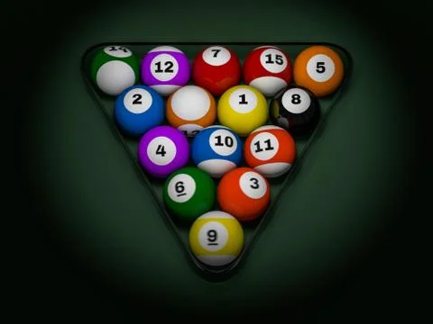 Pool billiard balls in starting position. 3D Stock Illustration