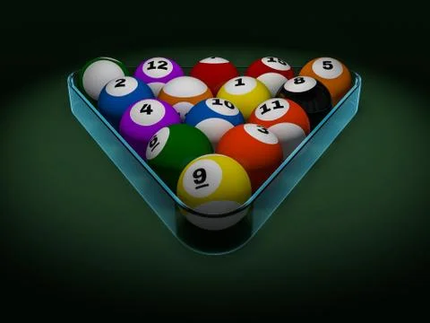 Pool billiard balls in starting position. 3D Stock Illustration