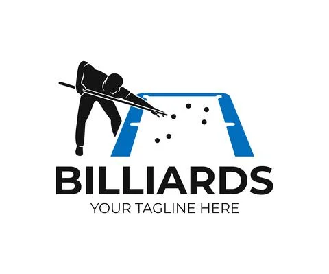 Pool billiards, human next to blue table with snooker cues and balls, logo Stock Illustration