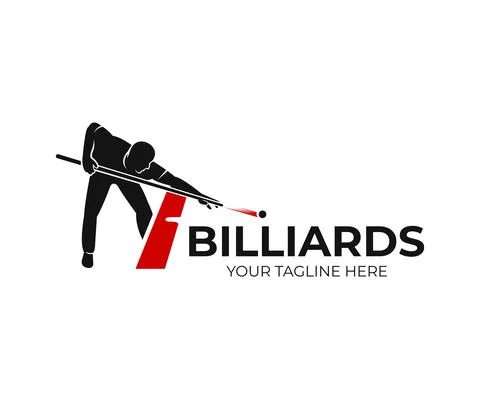Pool billiards, human next to red table with snooker cues and balls, logo Stock Illustration
