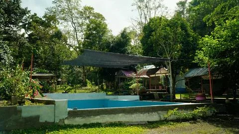A pool with a black canopy over it Stock Photos