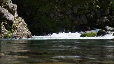 Pool in clear freshwater stream flowing over boulders in forest Stock Footage 99141959
