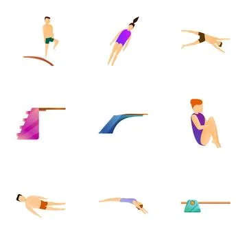 Pool diving board icon set, cartoon style Stock Illustration