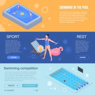 Pool equipment banner set, isometric style Illustrazione stock