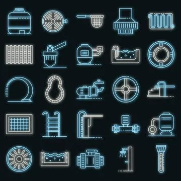 Pool equipment icons set vector neon 스톡 일러스트