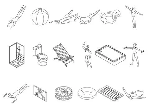 Pool equipment icons set vector outline Illustrazione stock
