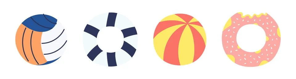 Pool float, inflatable ball, volleyball illustration isolated set. 스톡 일러스트