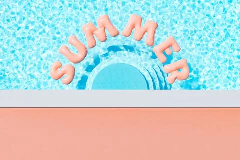 Pool with floating pink inflatable letters in sunlight 스톡 일러스트