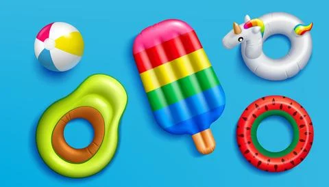 Pool floats. 3D summer beach inflatable ball. Water swim tube and fruit. Top イラスト素材
