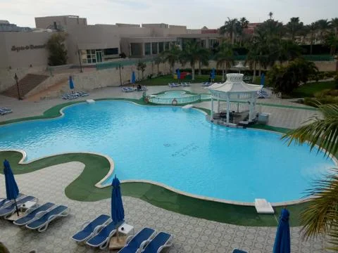 Pool, hotel, view from the window. Stock Photos