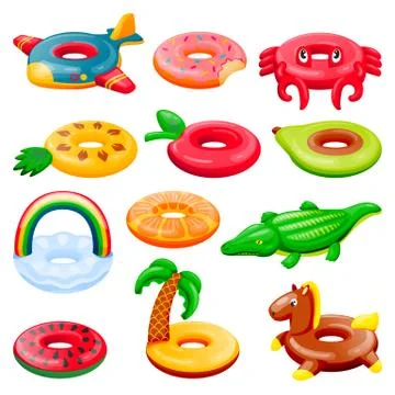 Pool inflatable rings set. Boys and girls floating funny toys. Vector illustr Stock Illustration