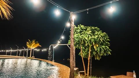 A pool with lights hanging above it and a tree in the background Stock Photos