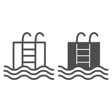 Pool line and solid icon. Basin full of water with ladder illustration isolated イラスト素材