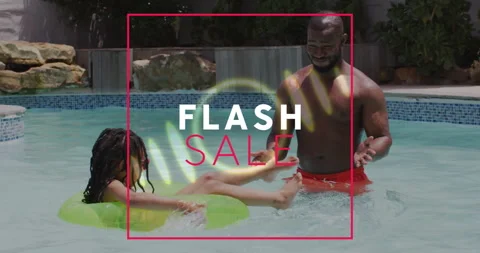 In pool, man with child on float, animation of Flash Sale text overlay Video stock 306215979