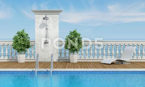 Pool near the sea with shower Stock Illustration