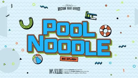 Pool Noodle summer font effect with swim ring and beach ball in blue Stock Illustration