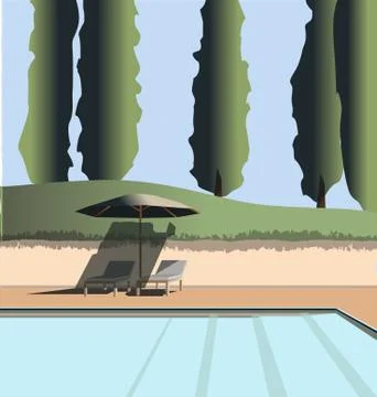 Pool outside without people deck chair umbrella Stock Illustration