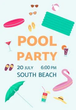 Pool party card with items of beach recreation, flat vector illustration. 스톡 일러스트