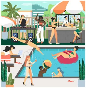 Pool party concept vector illustration. Summer vacation at poolside. Happy Stock Illustration