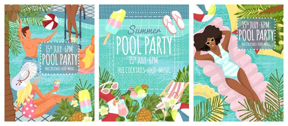 Pool party concept vector illustration. Summer vacation at poolside. Happy 库存插图