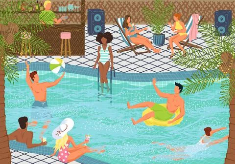 Pool party concept vector illustration. People enjoy summer vacation at poolside Stock Illustration