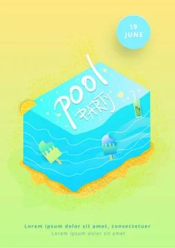 Pool Party creative flyer. Vertical  template for summer holiday design. Brig Illustrazione stock