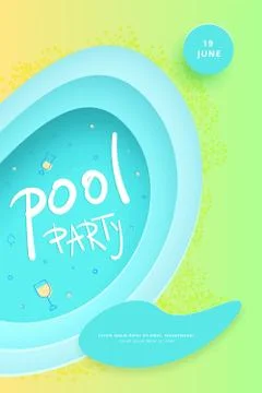 Pool party flyer. Vertical celebration  banner with paper cut shapes and deco Illustrazione stock