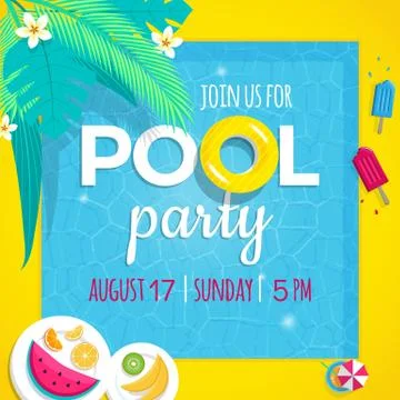 Pool party invitation vector illustration tamplate with swimming pool backgro Stock Illustration