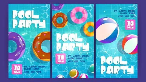 Pool party posters with inflatable rings in water Stock Illustration
