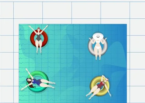 Pool party, rubber ring floating on water with young persons. Stock Illustration