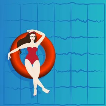 Pool party, rubber ring floating on water with young persons. Stock Illustration