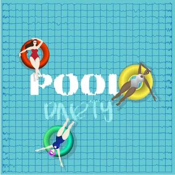 Pool party, rubber ring floating on water with young persons. Stock Illustration