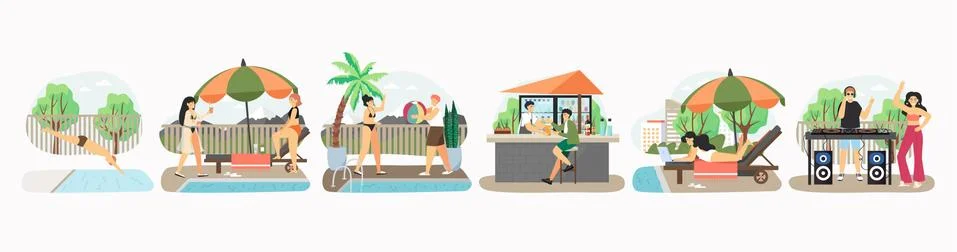 Pool party set of vector illustration. Summer vacation at poolside. Happy people Stock Illustration