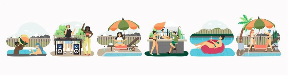 Pool party set of vector illustration. Summer vacation at poolside. Happy people 스톡 일러스트