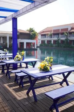 Pool Party Setup with Blue and White Theme Stock Photos