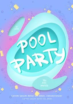 Pool party vertical flyer with paper cut shapes and drinks pattern background Stock Illustration