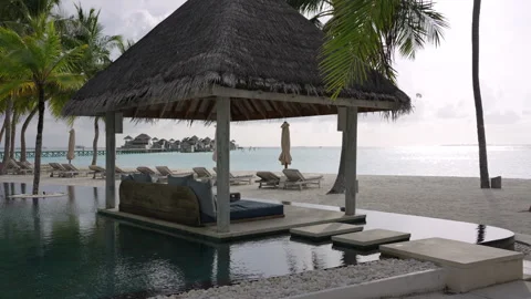 Pool Pavilion Overlooking Gili Lankanfushi Beach and Villas Stock Footage 340948951
