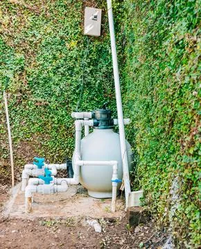 Pool purification and maintenance system. Home pool filter and treatment pl.. Stock Photos