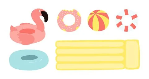 Pool raft, flamingo float, inflatable ring, beach ball, resort objects illust Illustrazione stock