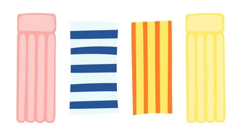 Pool raft, mattress float, beach towel illustration isolated set. Иллюстрация