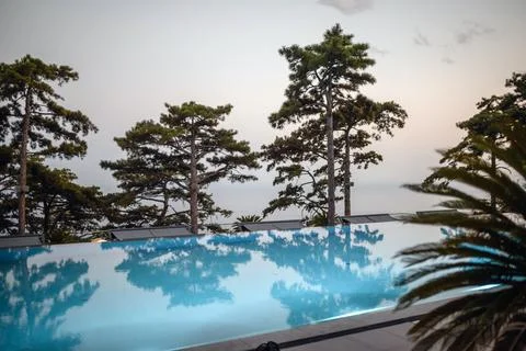 Pool reflecting tall pine trees at sunset over sea at dusk. Calm water and .. Stock Photos